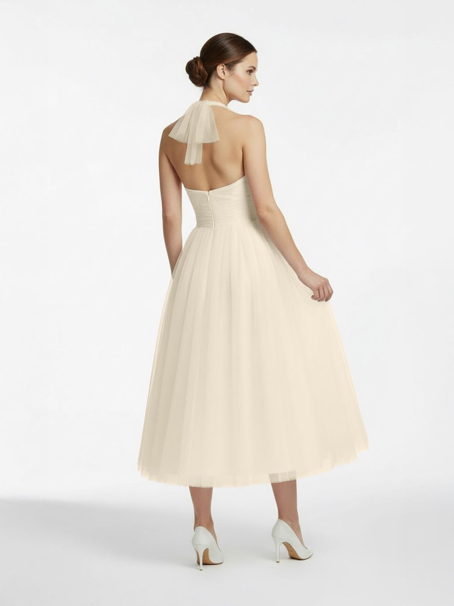 Halter A - Line Short Tulle Wedding Dress With Ruching - KissProm