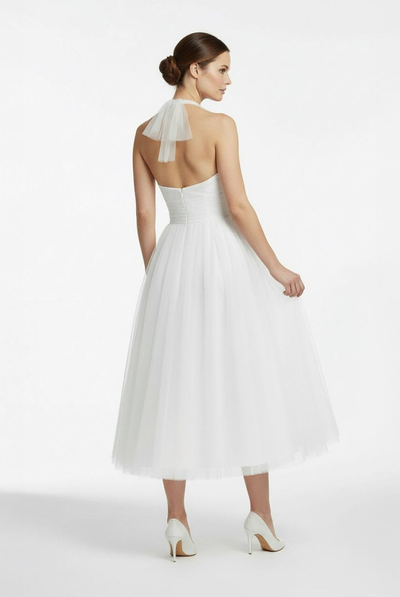 Halter A - Line Short Tulle Wedding Dress With Ruching - KissProm