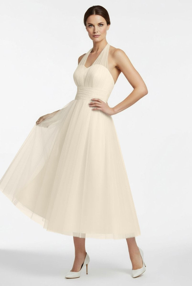 Halter A - Line Short Tulle Wedding Dress With Ruching - KissProm