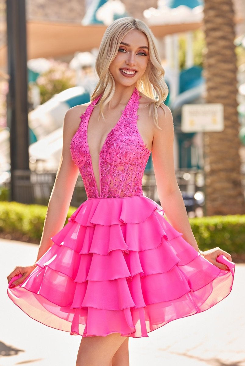 Everett | Hot Pink - Halter Lace and Chiffon Ruffle Homecoming Dress