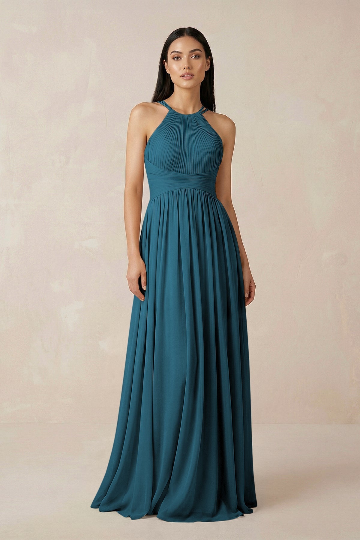 KissProm Halter Neck A-Line Chiffon Bridesmaid Dress in Dark Teal, Dark Teal / 6
