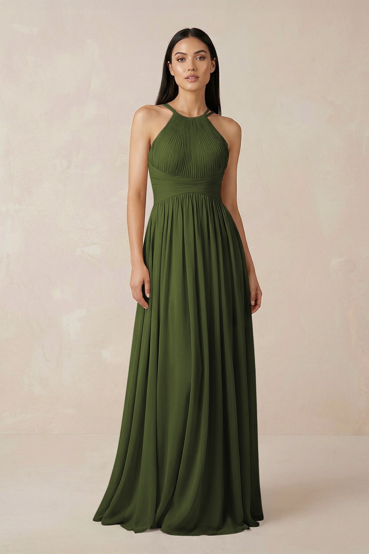 Halter Neck A-Line Chiffon Bridesmaid Dress in Olive, Olive / 16