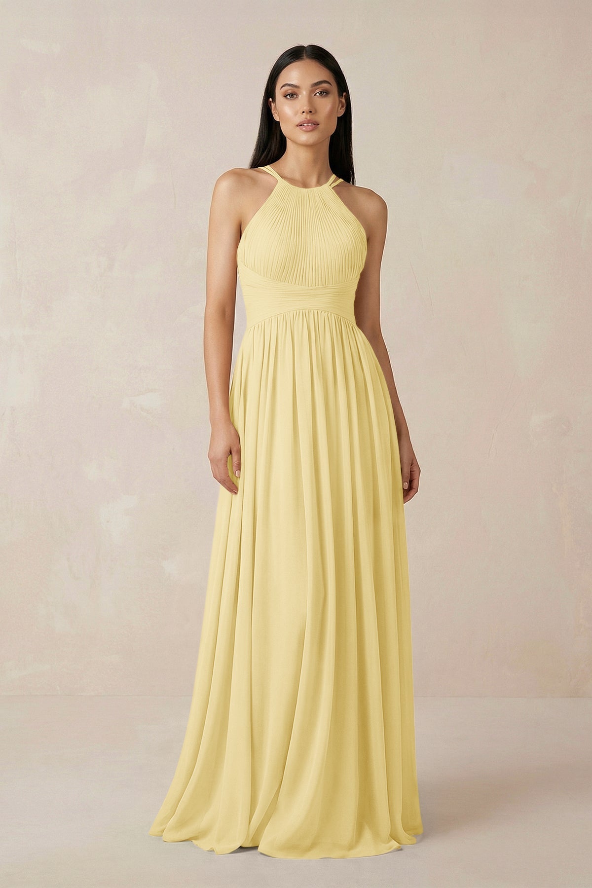 Halter Neck A-Line Chiffon Bridesmaid Dress in Pastel Yellow, Pastel Yellow / 18 Halter Neck A-Line Chiffon Bridesmaid Dress in Pastel Yellow, Pastel Yellow / 18