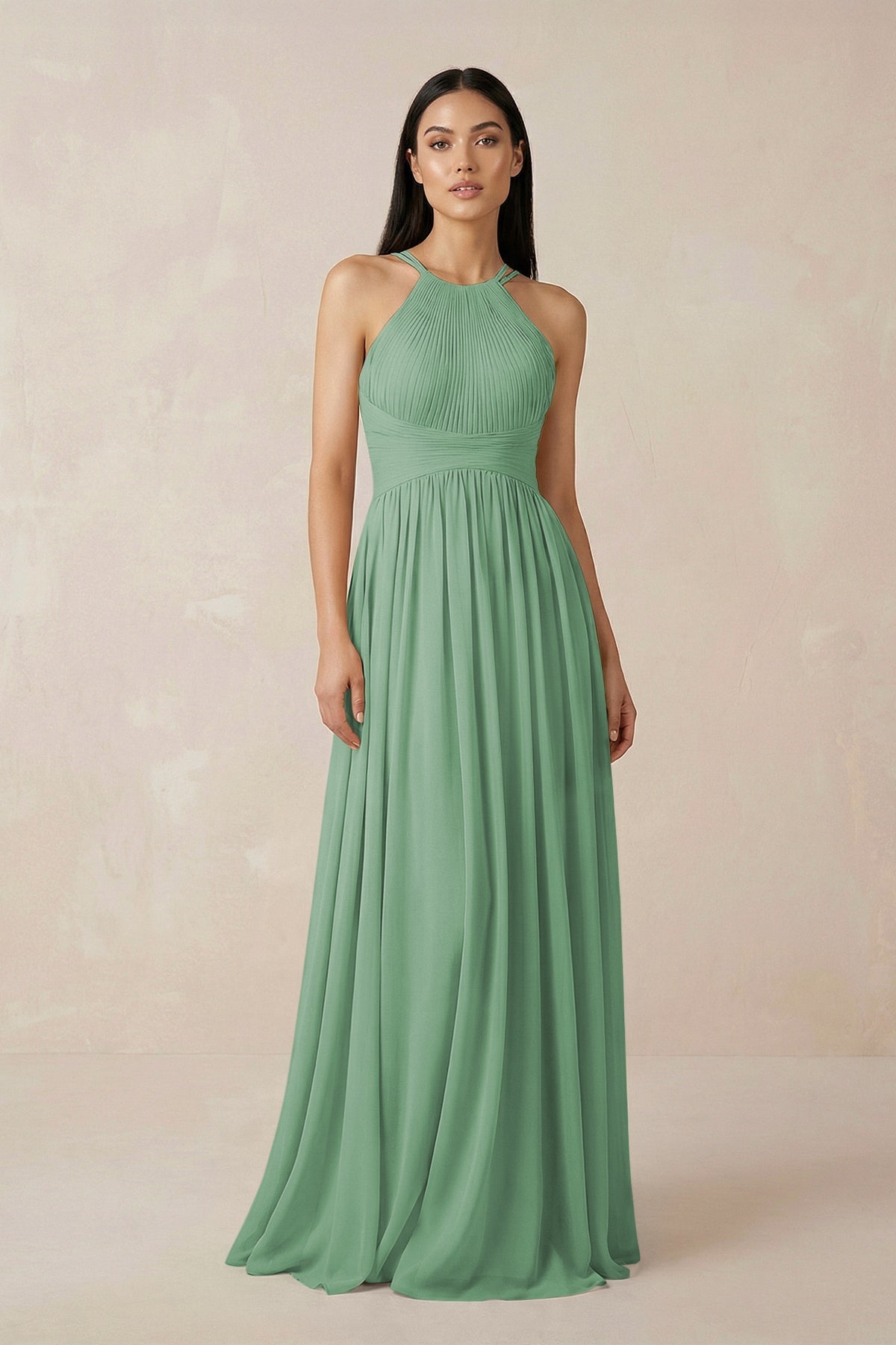KissProm Halter Neck A-Line Chiffon Bridesmaid Dress in Sea Glass, Sea Glass / 2