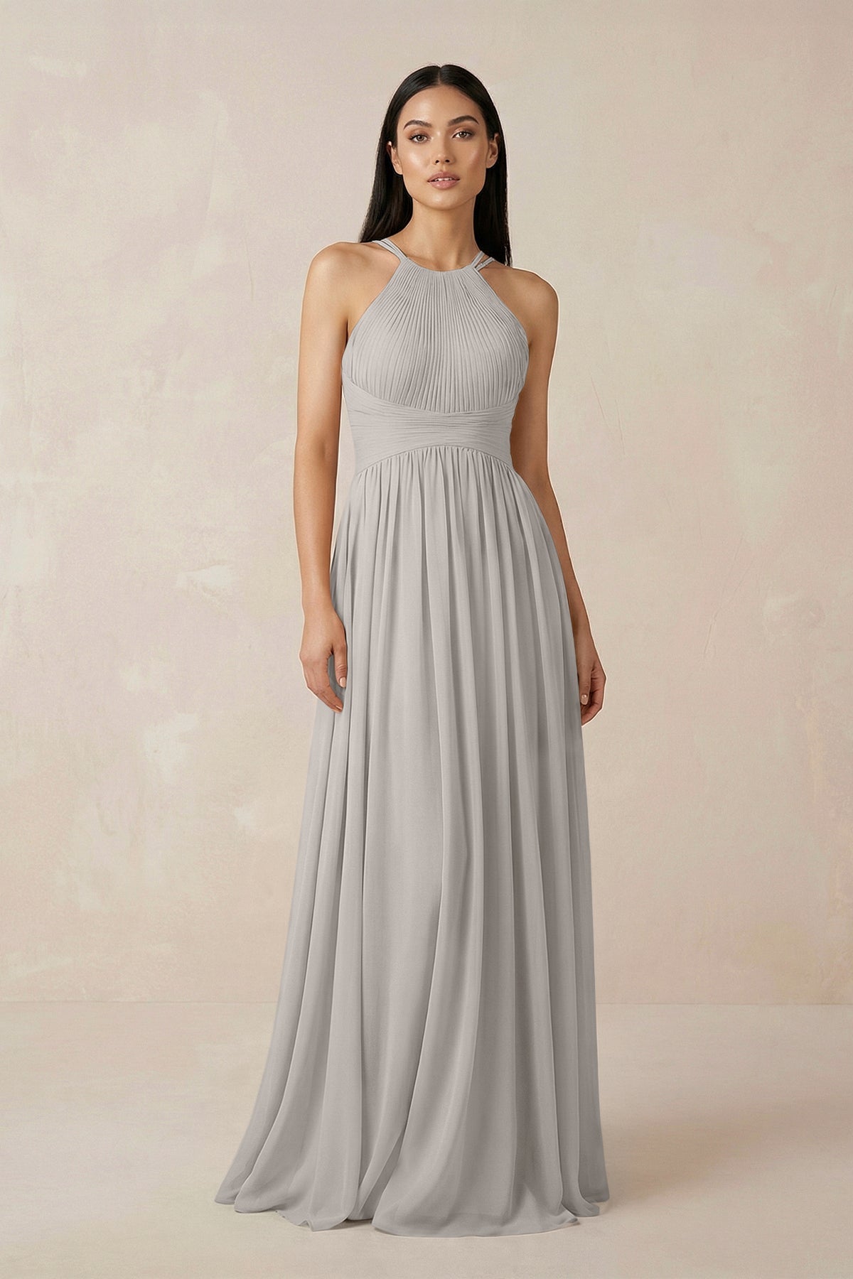 silver halter neck bridesmaid dress KissProm Halter Neckline