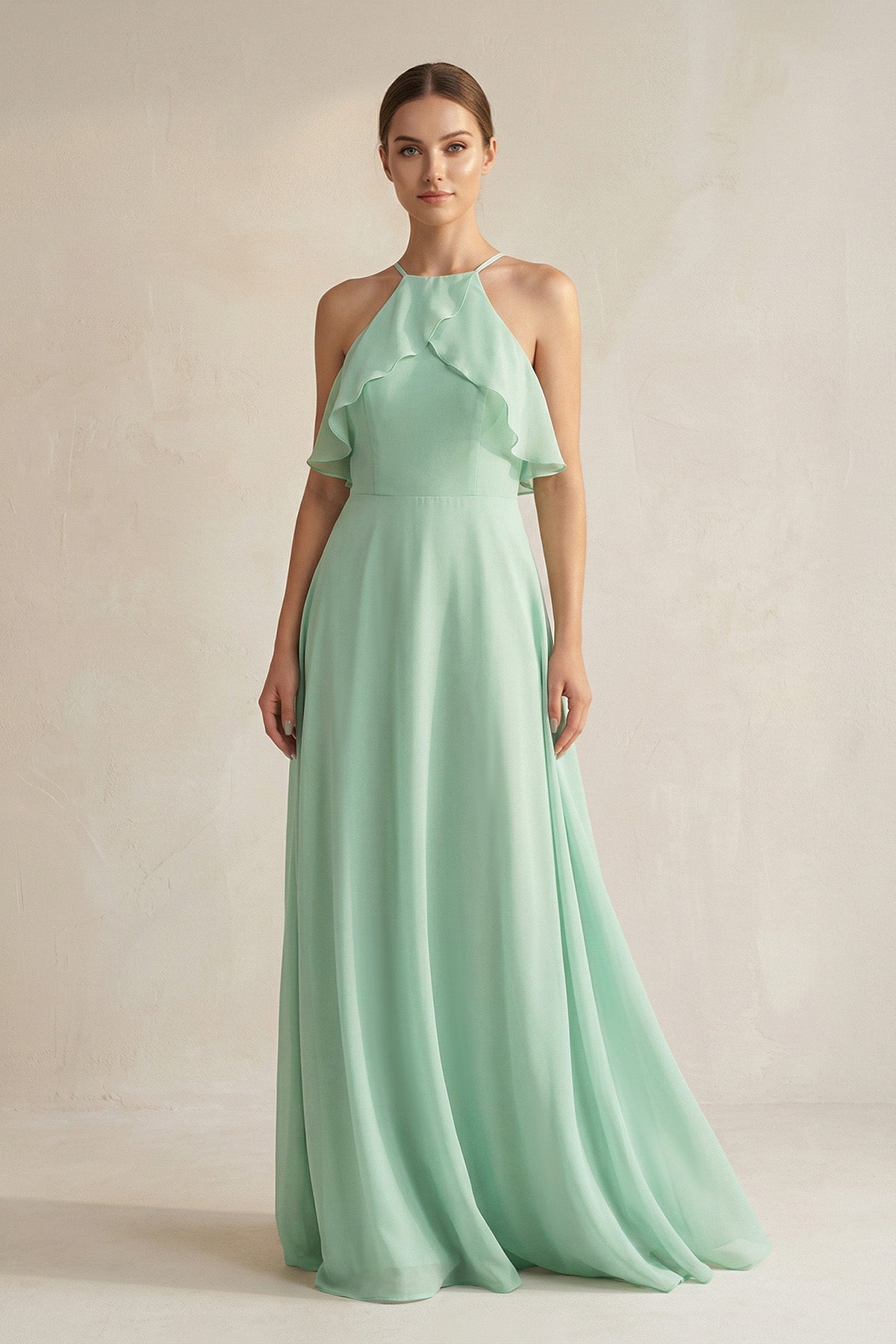 KissProm Halter Neck A-Line Chiffon Bridesmaid Dress with Keyhole in Pale Pistachio, Pale Pistachio / 8