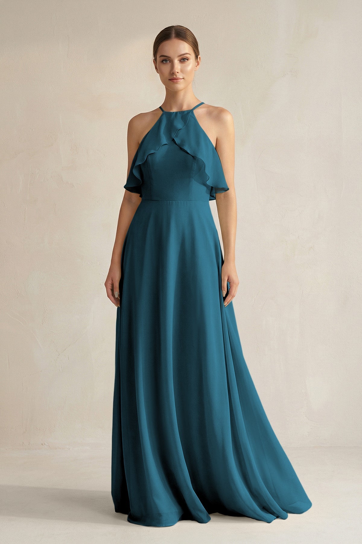 KissProm Halter Neck A-Line Chiffon Bridesmaid Dress with Keyhole in Dark Teal, Dark Teal / 14