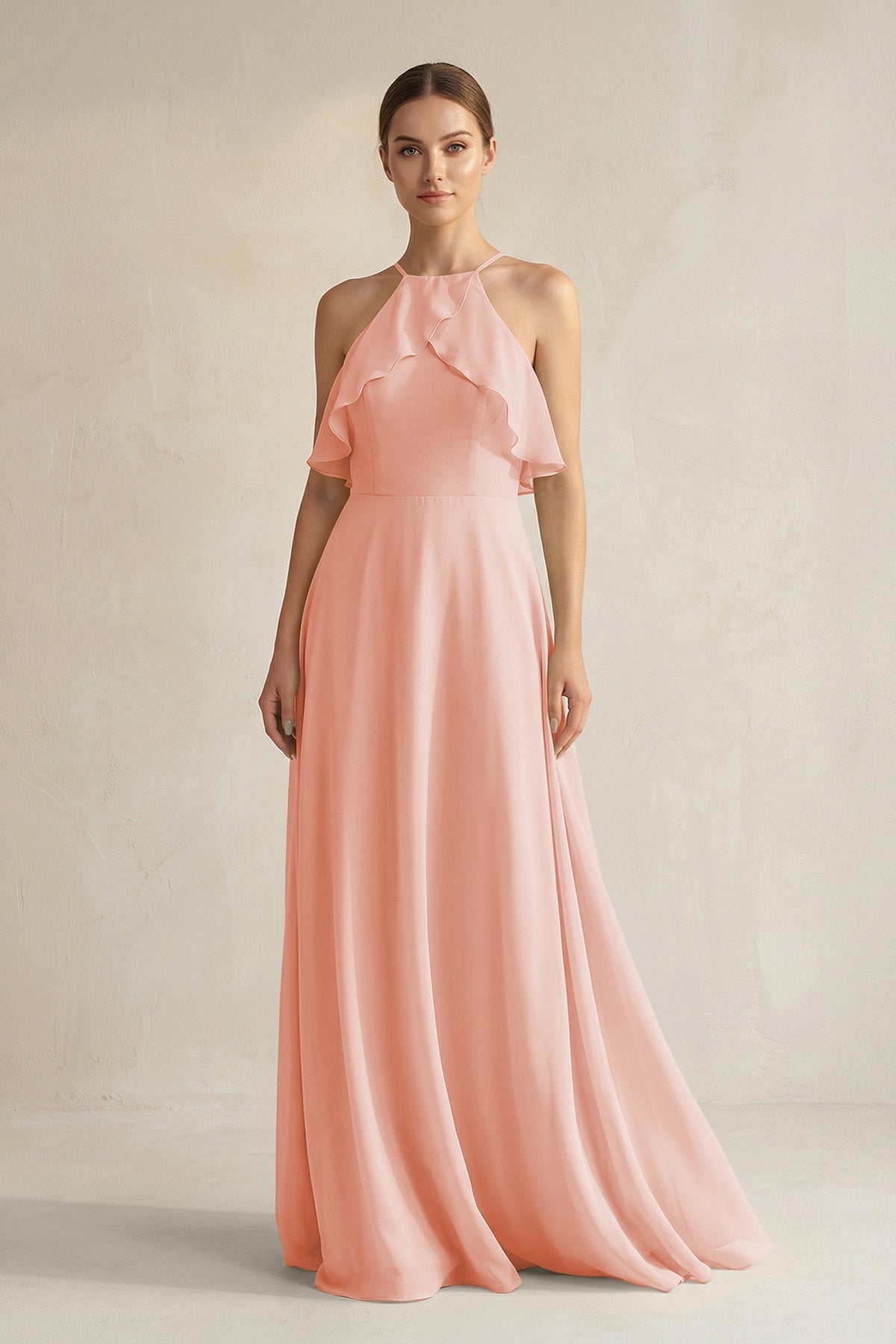 KissProm Halter Neck A-Line Chiffon Bridesmaid Dress with Keyhole in Rose Petal, Rose Petal / 24