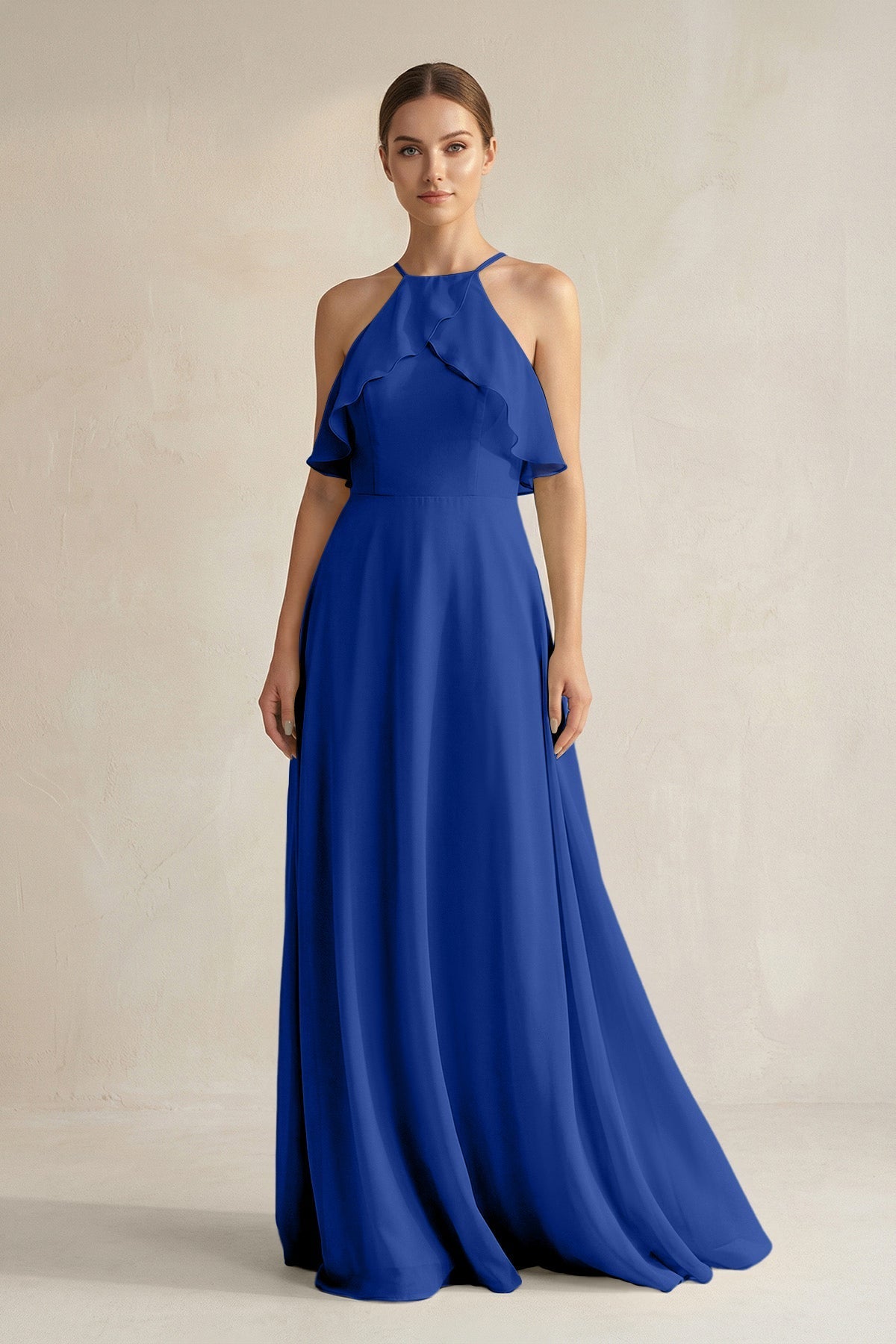 KissProm Halter Neck A-Line Chiffon Bridesmaid Dress with Keyhole in Royal Blue, Royal Blue / 16