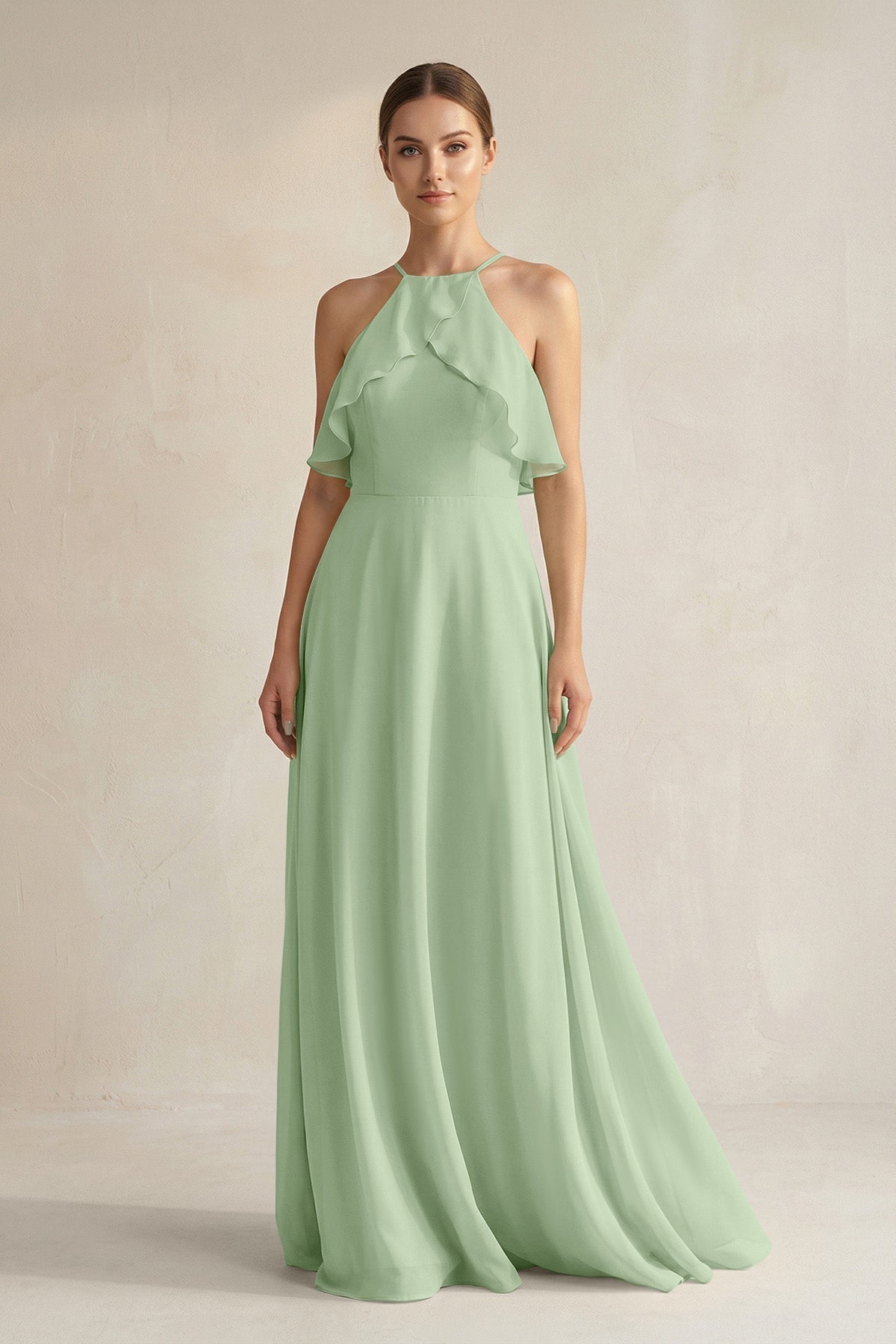 KissProm Halter Neck A-Line Chiffon Bridesmaid Dress with Keyhole in Sage, Sage / 20