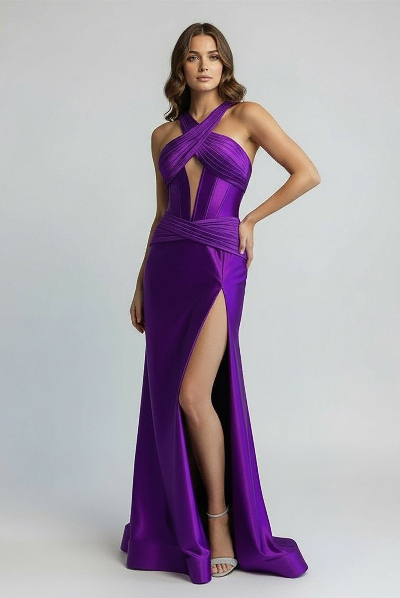 KissProm-Veda Purple Satin Mermaid Slit Prom Dress with Criss Cross Neck