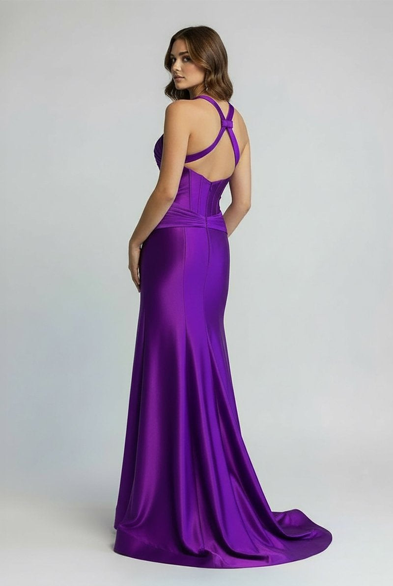 KissProm-Veda Purple Satin Mermaid Slit Prom Dress with Criss Cross Neck