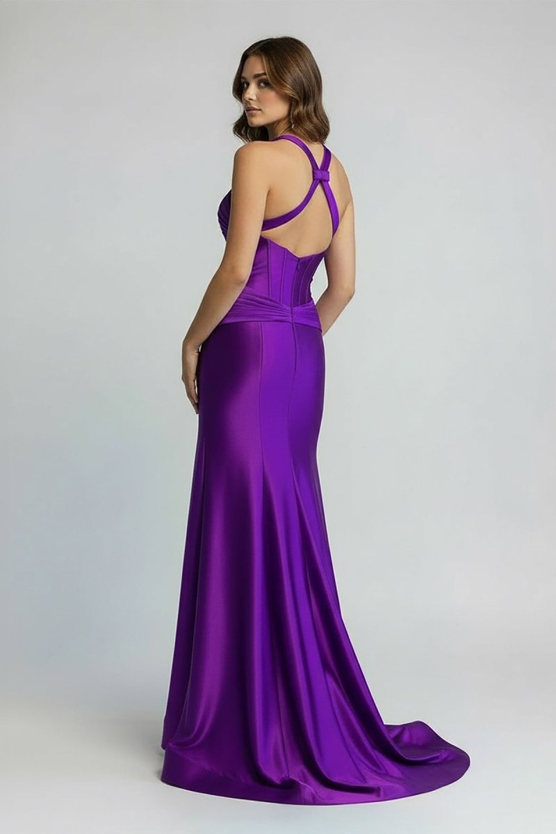 KissProm-Veda Purple Satin Mermaid Slit Prom Dress with Criss Cross Neck