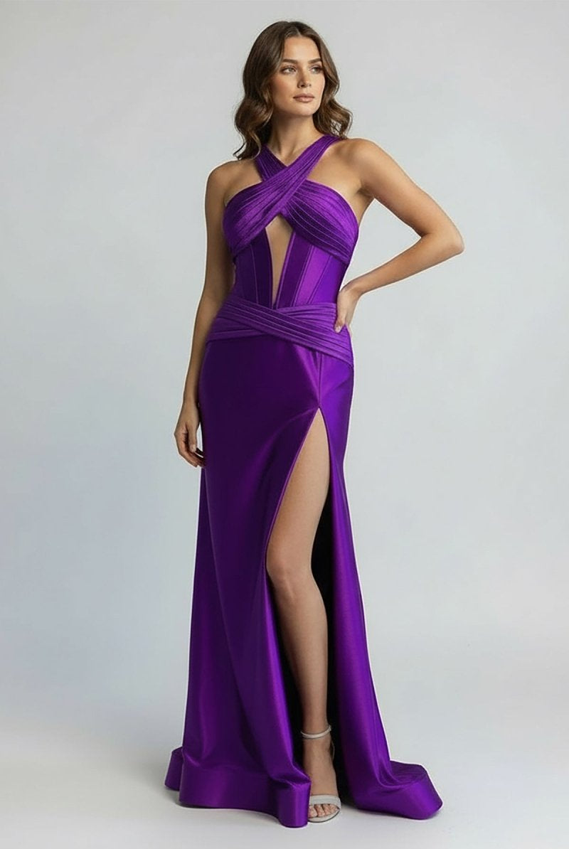 KissProm-Veda Purple Satin Mermaid Slit Prom Dress with Criss Cross Neck