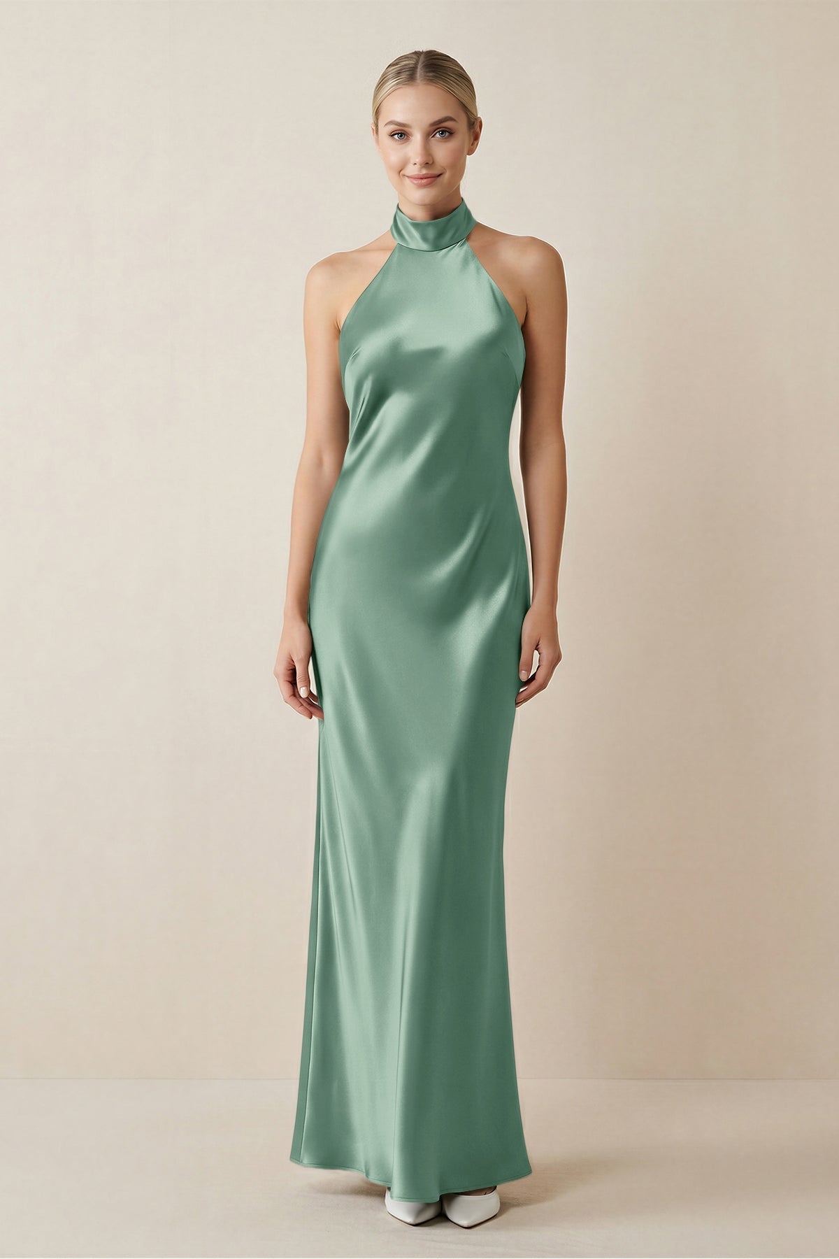 KissProm Halter Sheath Satin Bridesmaid Dress in Mint Green, Mint Green / 14