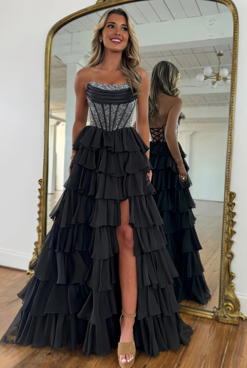 KissProm-Hanya Black A Line Strapless Chiffon Beaded Corset Long Prom Dress With Slit