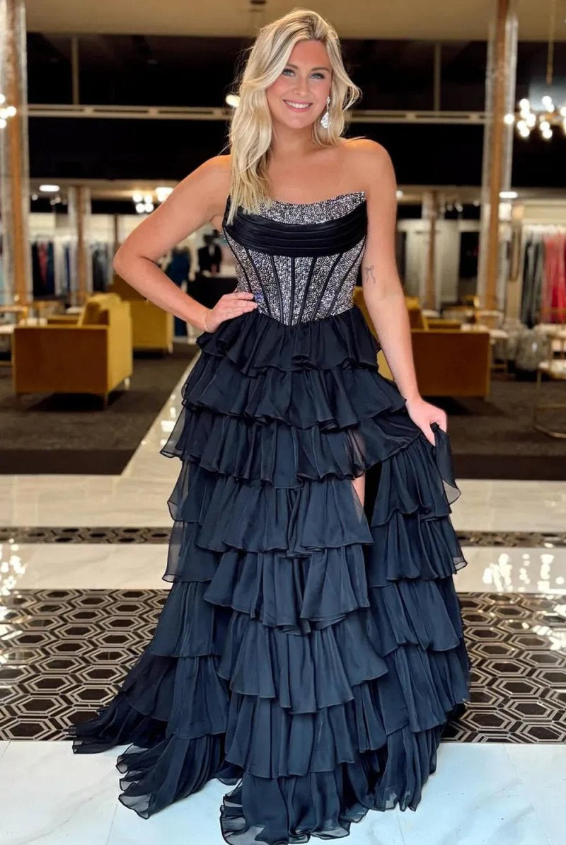KissProm-Hanya Black A Line Strapless Chiffon Beaded Corset Long Prom Dress With Slit