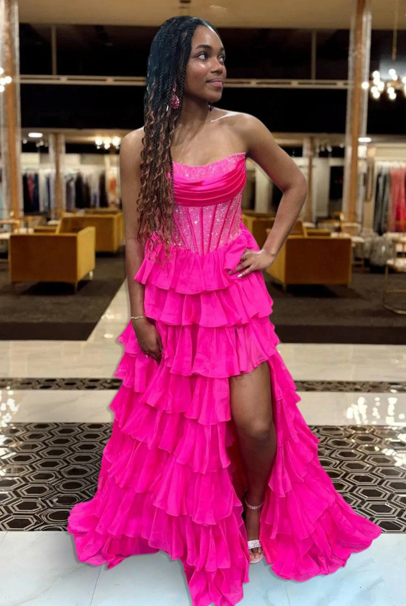KissProm-Hanya Fuchsia A Line Strapless Chiffon Beaded Corset Long Prom Dress With Slit