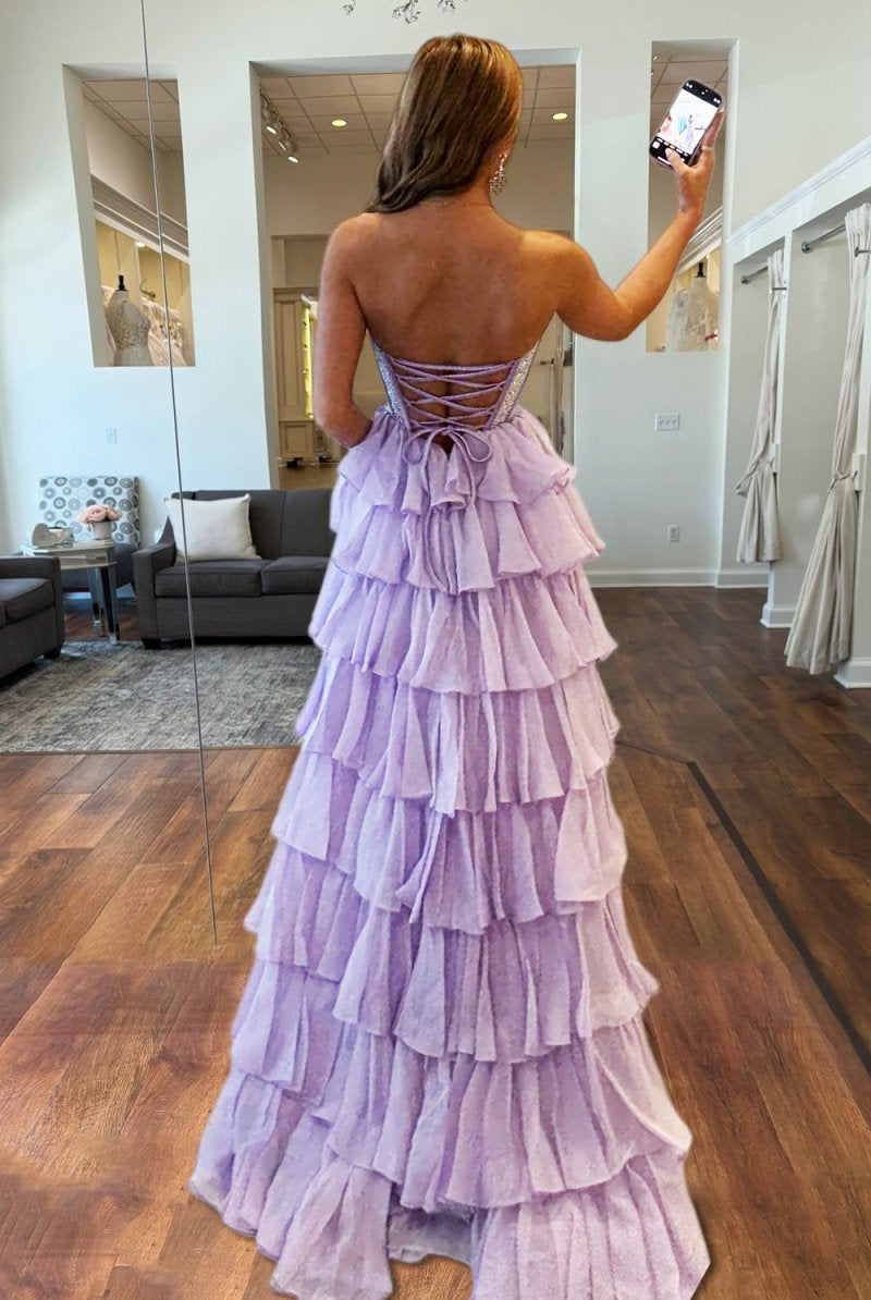 KissProm-Hanya Lavender A Line Strapless Chiffon Beaded Corset Long Prom Dress With Slit