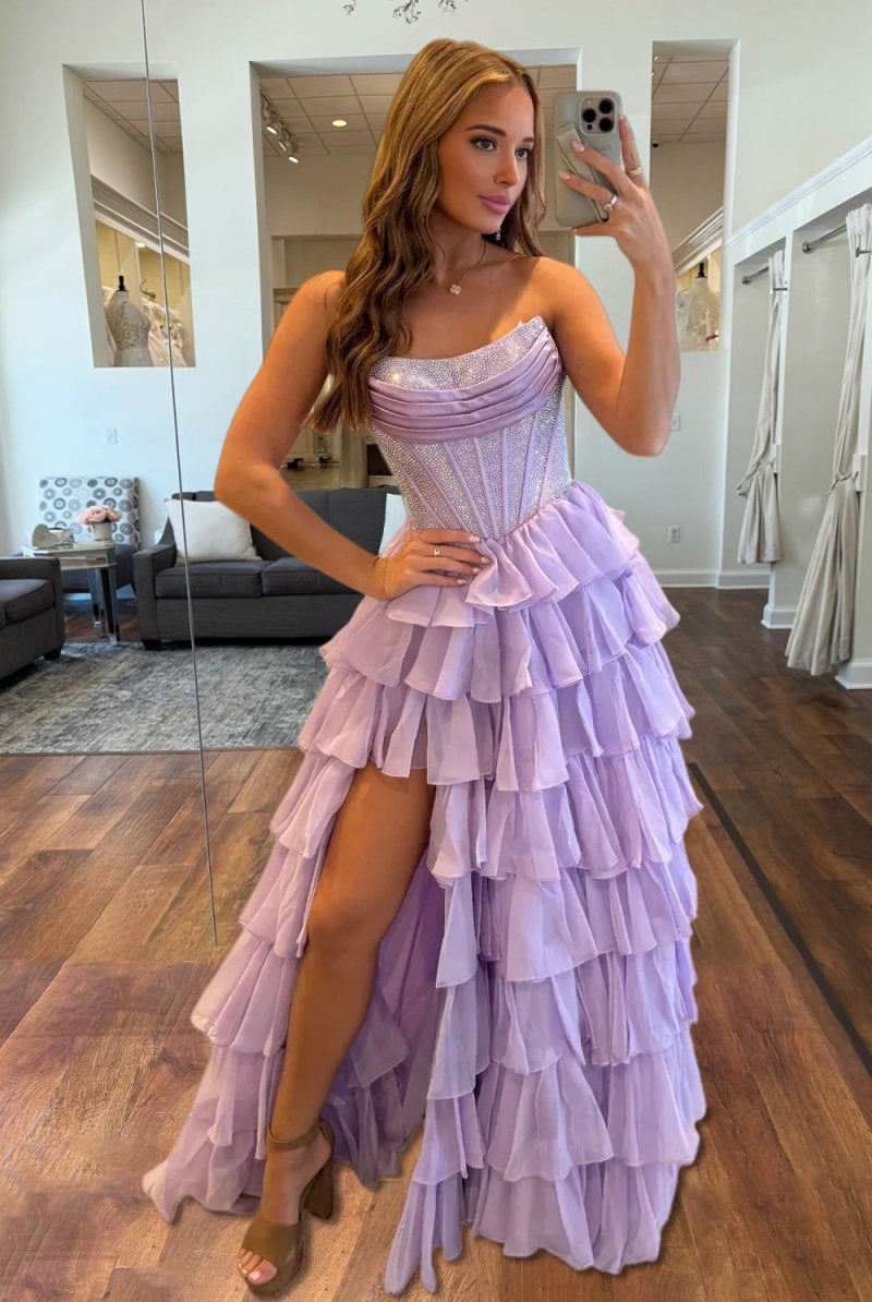 KissProm-Hanya Lavender A Line Strapless Chiffon Beaded Corset Long Prom Dress With Slit