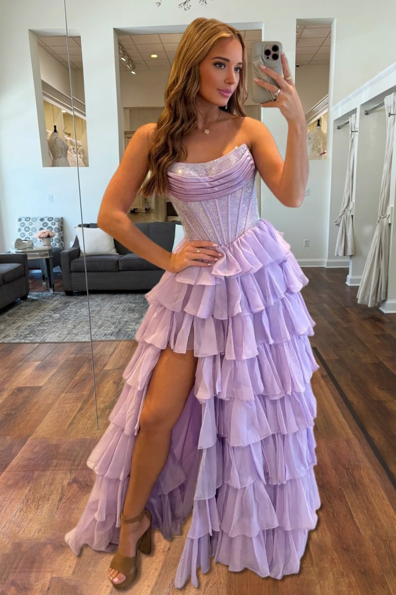 KissProm-Hanya Lavender A Line Strapless Chiffon Beaded Corset Long Prom Dress With Slit