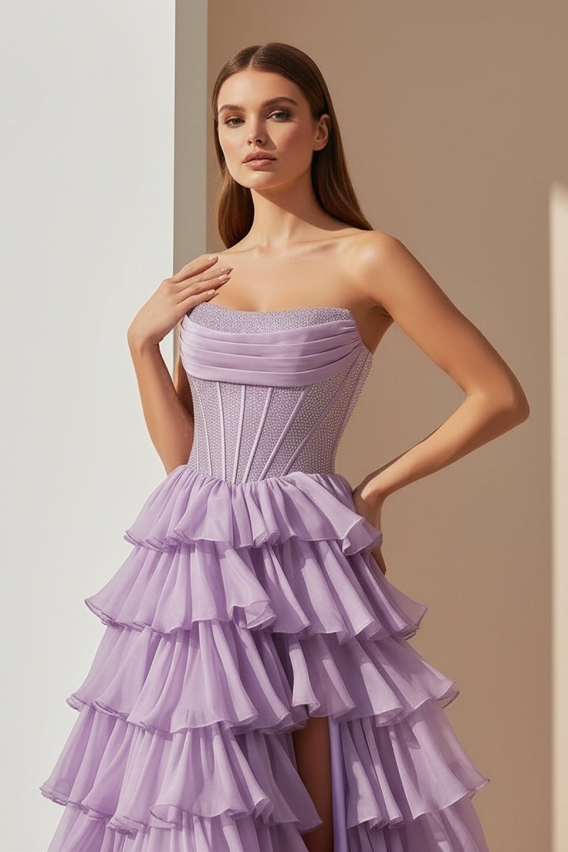 KissProm-Hanya Lavender A Line Strapless Chiffon Beaded Corset Long Prom Dress With Slit