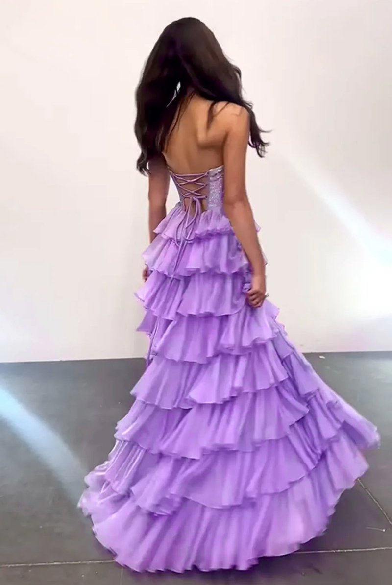 KissProm-Hanya Lilac A Line Strapless Chiffon Beaded Corset Long Prom Dress With Slit