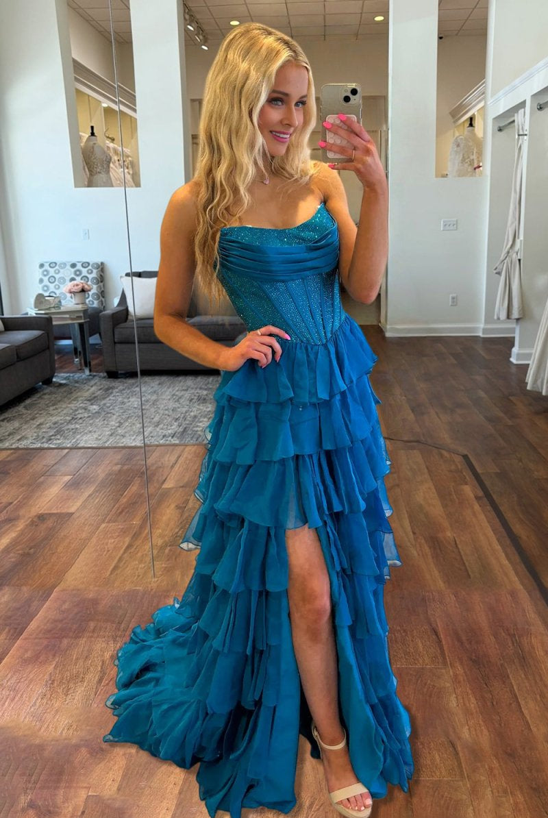 Hanya | Peacock - A Line Strapless Chiffon Beaded Corset Long Prom Dress With Slit - KissProm