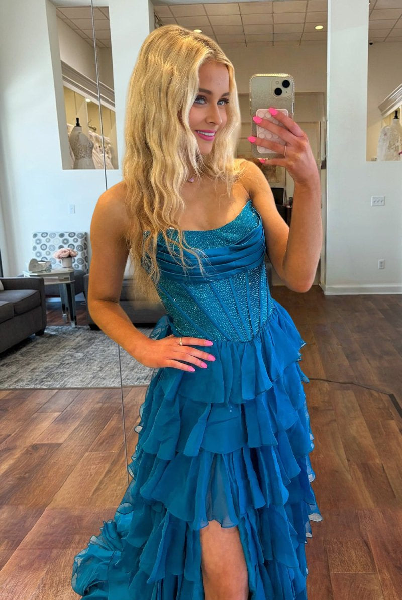 Hanya | Peacock - A Line Strapless Chiffon Beaded Corset Long Prom Dress With Slit - KissProm