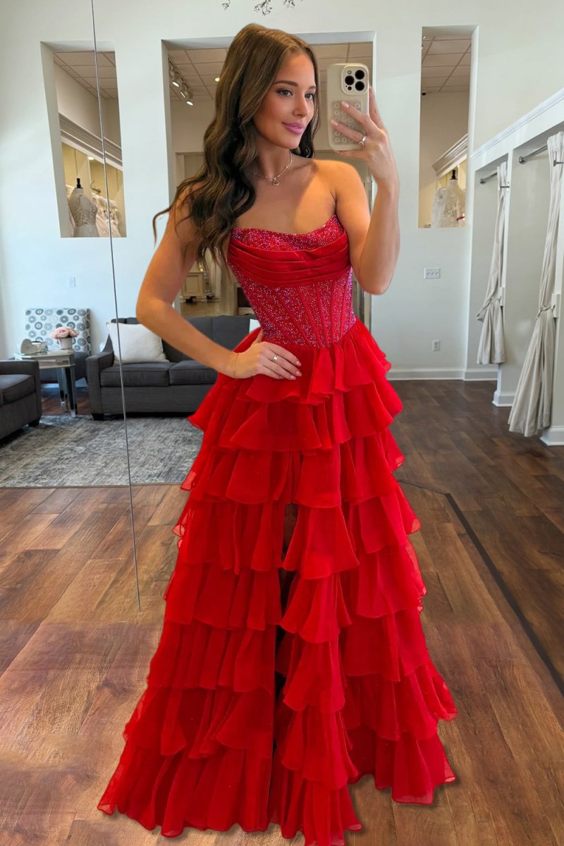 KissProm-Hanya Red A Line Strapless Chiffon Beaded Corset Long Prom Dress With Slit