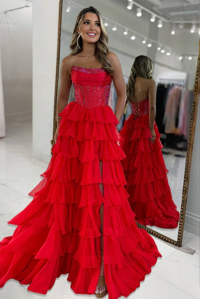 KissProm-Hanya Red A Line Strapless Chiffon Beaded Corset Long Prom Dress With Slit