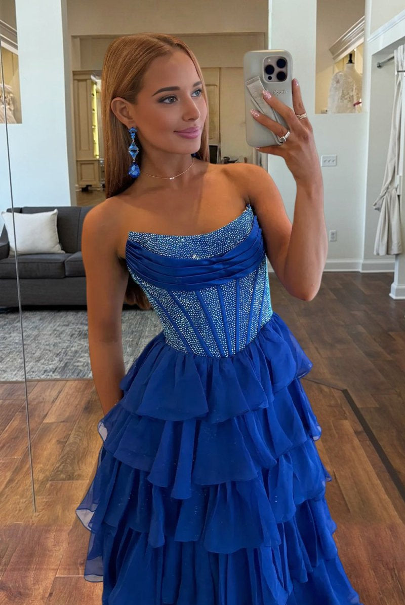 KissProm-Hanya Royal Blue A Line Strapless Chiffon Beaded Corset Long Prom Dress With Slit