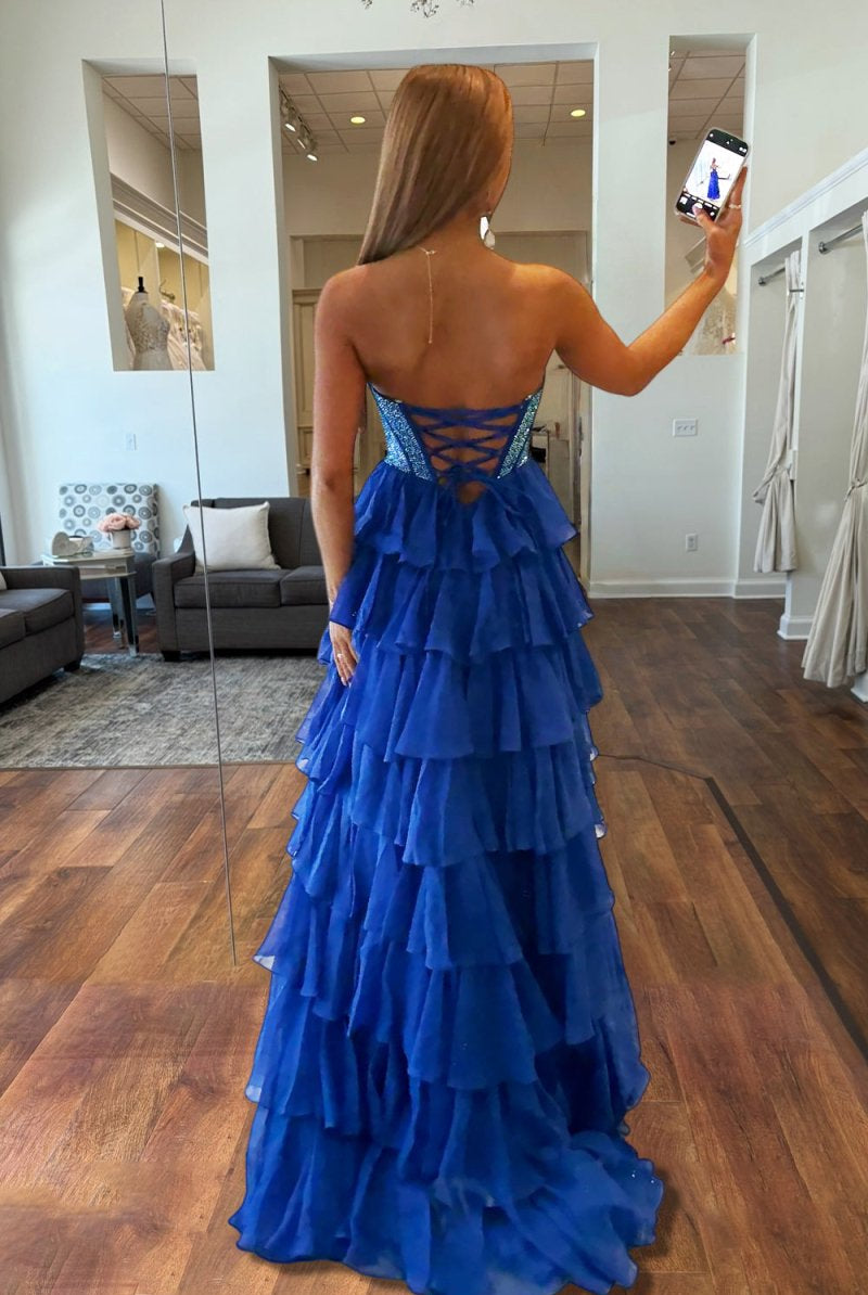 KissProm-Hanya Royal Blue A Line Strapless Chiffon Beaded Corset Long Prom Dress With Slit