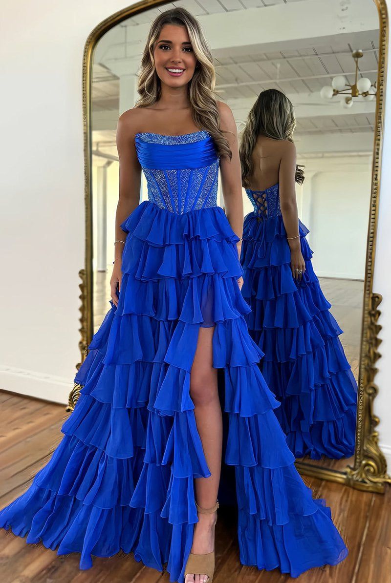 KissProm-Hanya Royal Blue A Line Strapless Chiffon Beaded Corset Long Prom Dress With Slit
