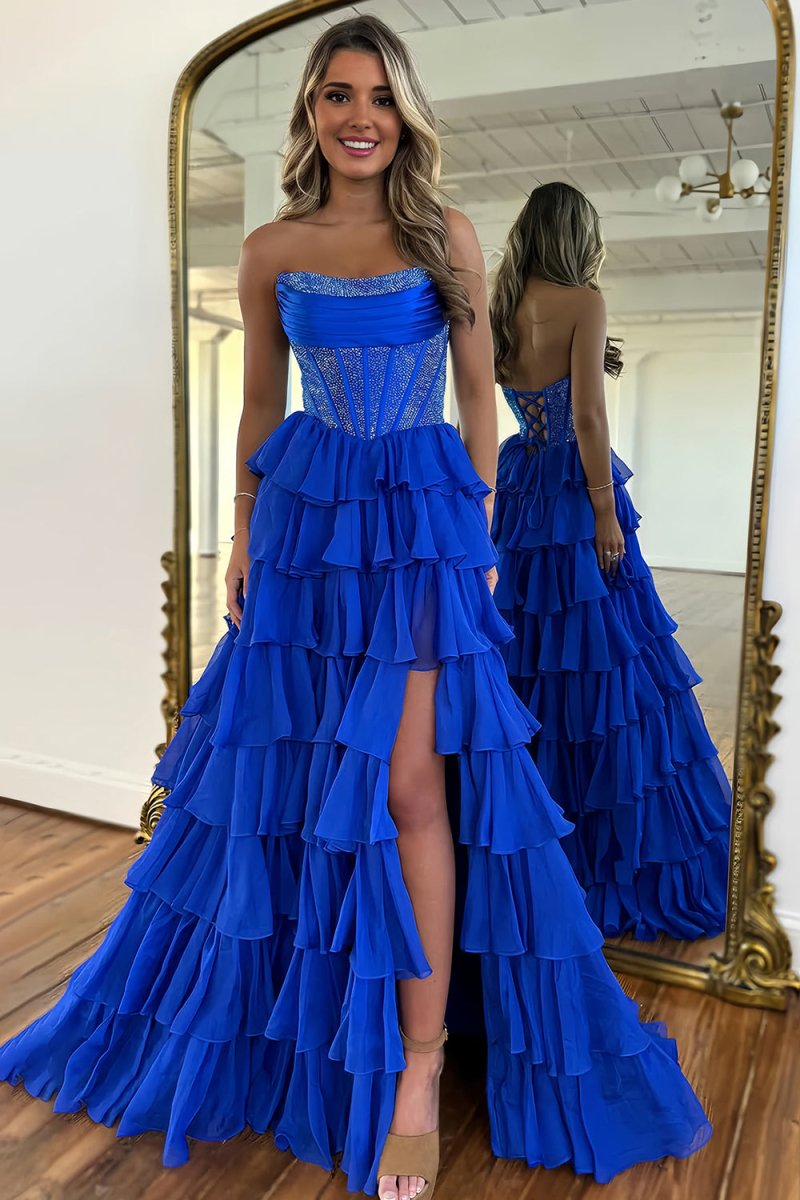 KissProm-Hanya Royal Blue A Line Strapless Chiffon Beaded Corset Long Prom Dress With Slit