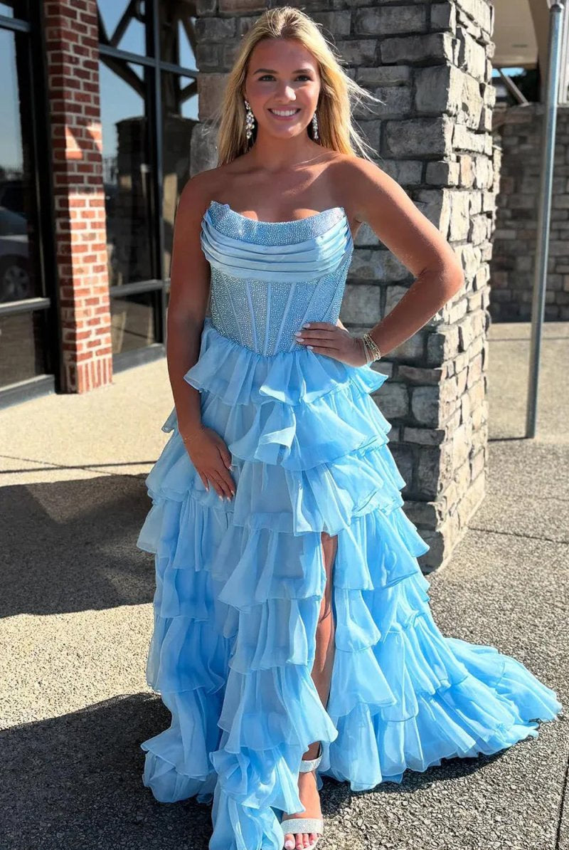 KissProm-Hanya Sky Blue A Line Strapless Chiffon Beaded Corset Long Prom Dress With Slit