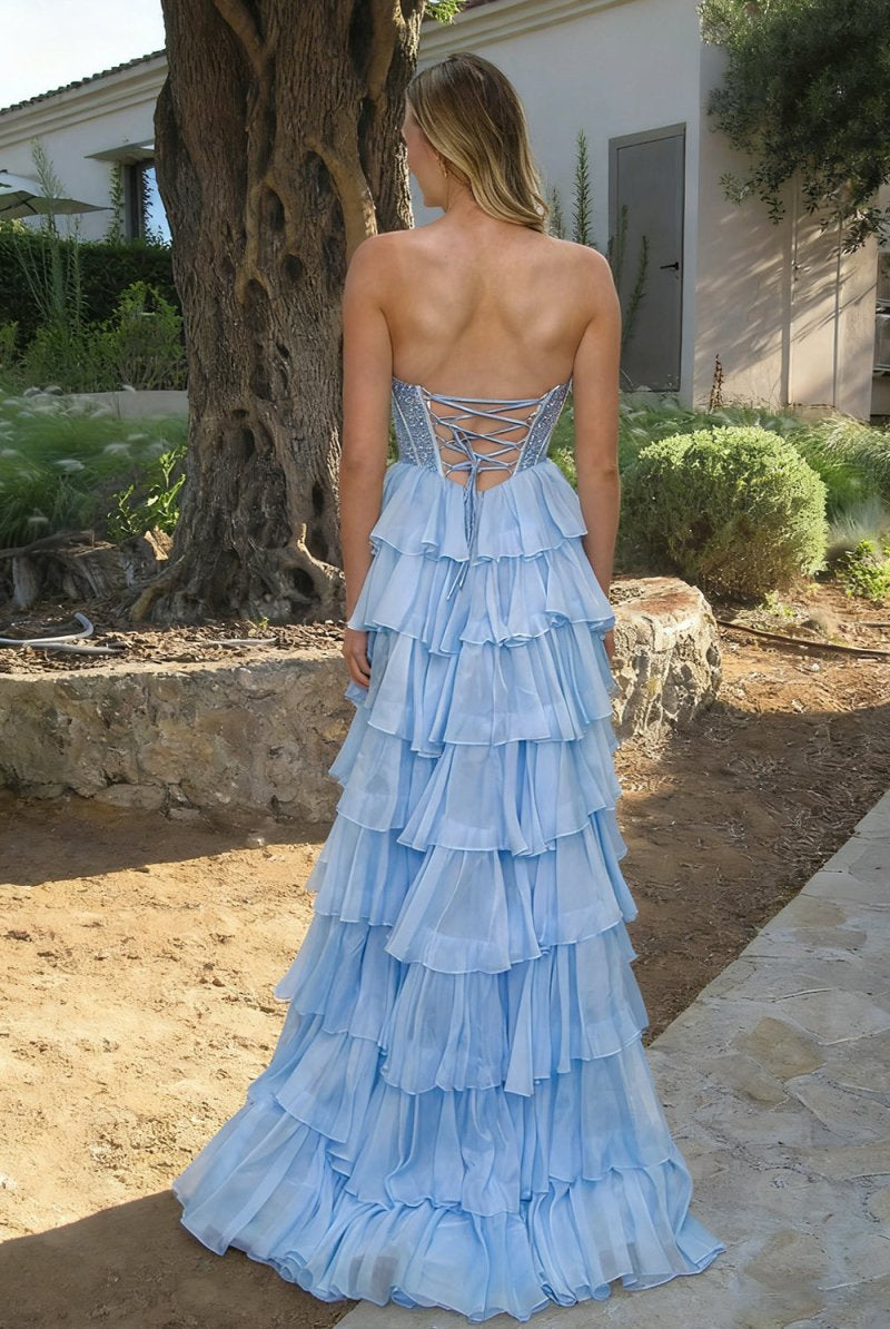 KissProm-Hanya Sky Blue A Line Strapless Chiffon Beaded Corset Long Prom Dress With Slit