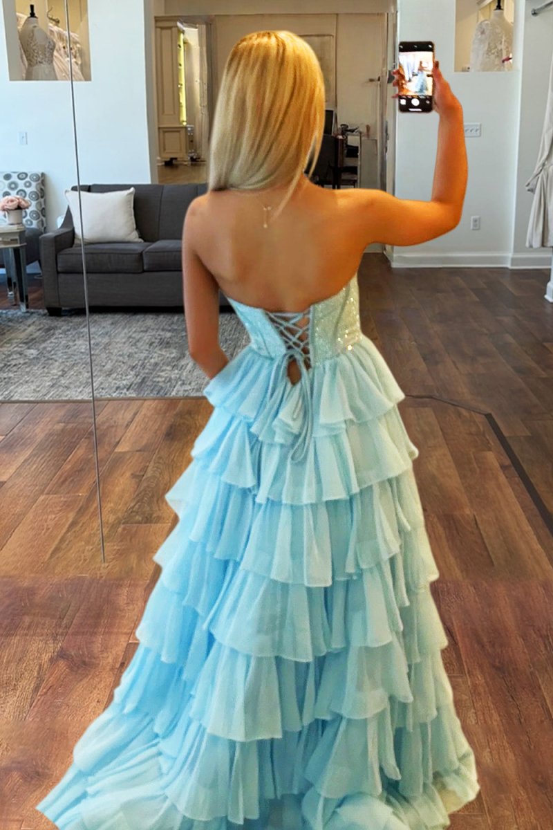 KissProm-Hanya Sky Blue A Line Strapless Chiffon Beaded Corset Long Prom Dress With Slit