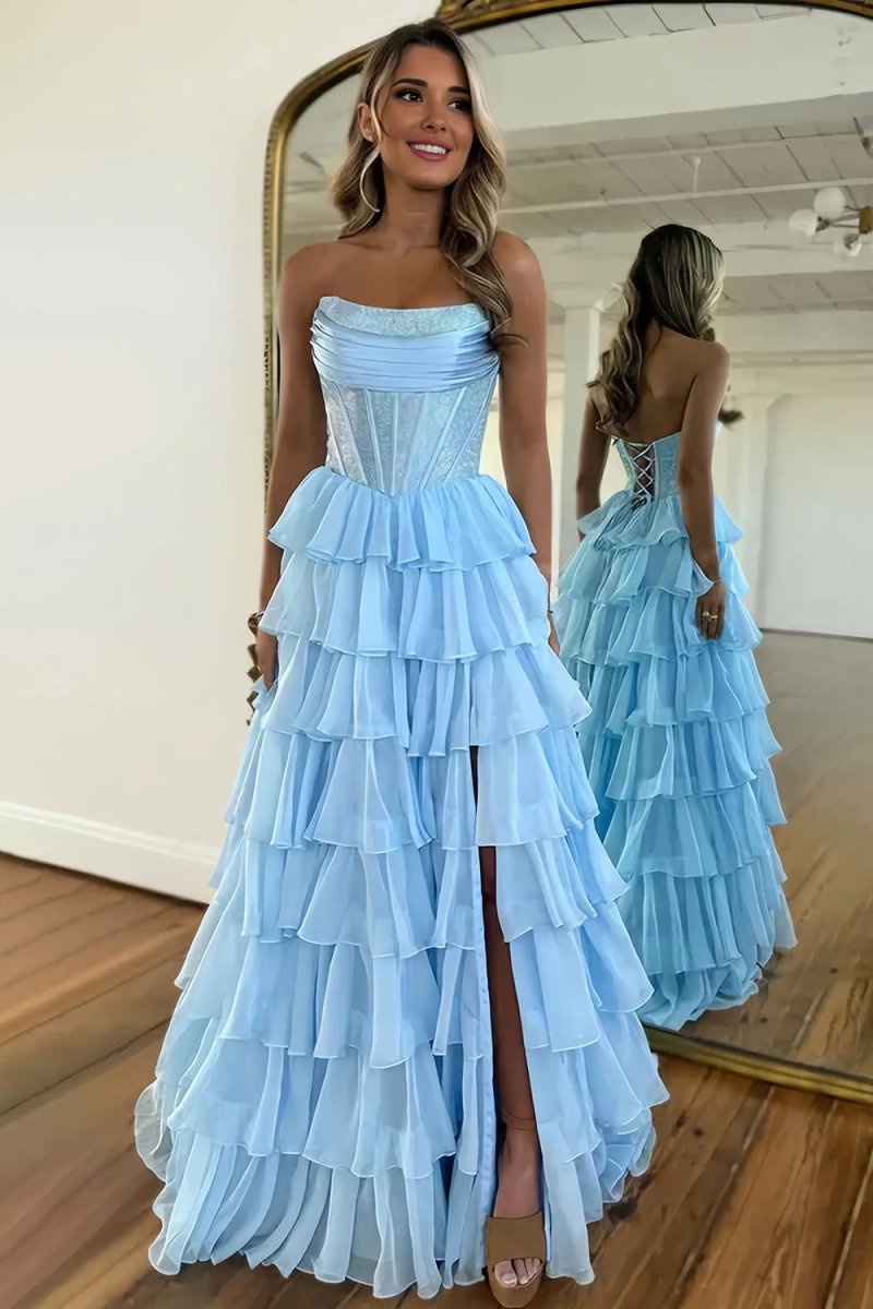Sky Blue - A Line Strapless Chiffon Beaded Corset Long Prom Dress With Slit Sky Blue / 16 Sky Blue - A Line Strapless Chiffon Beaded Corset Long Prom Dress With Slit Sky Blue / 16