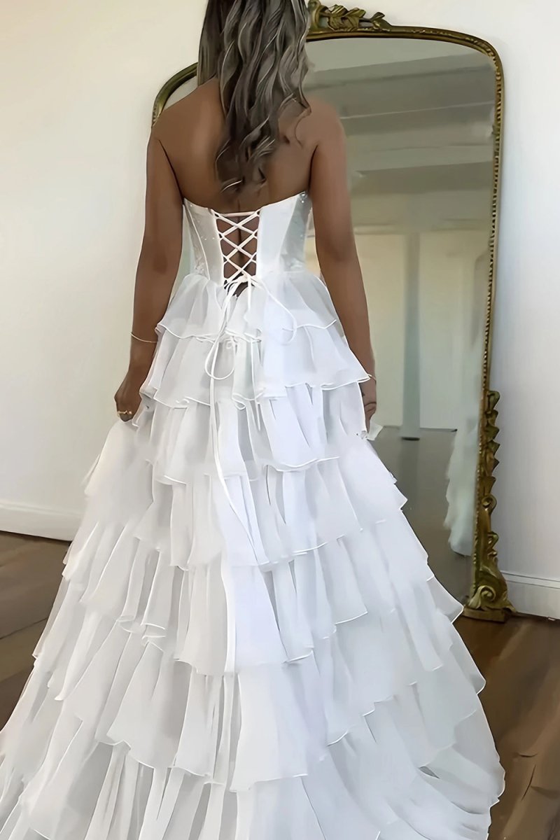 KissProm-Hanya White A Line Strapless Chiffon Beaded Corset Long Prom Dress With Slit