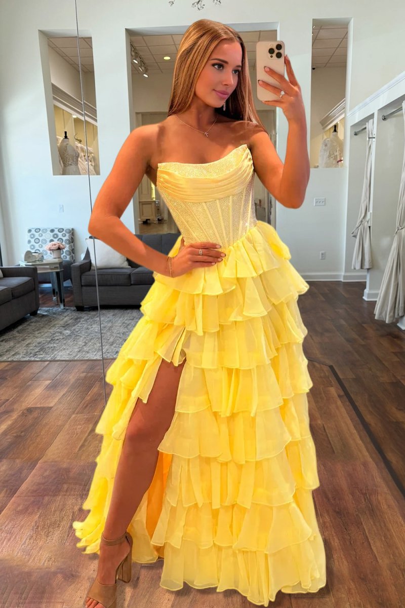 KissProm-Hanya Yellow A Line Strapless Chiffon Beaded Corset Long Prom Dress With Slit