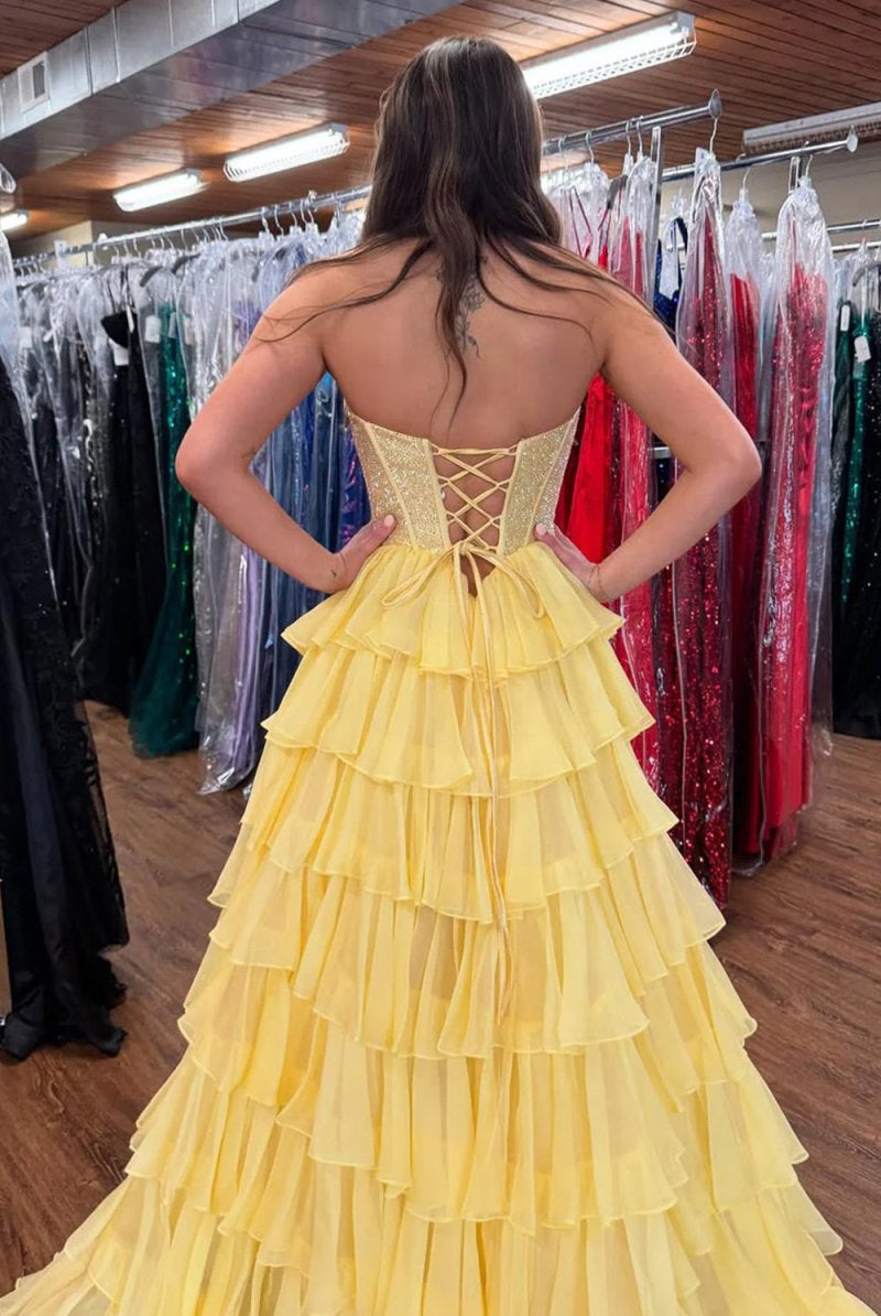 KissProm-Hanya Yellow A Line Strapless Chiffon Beaded Corset Long Prom Dress With Slit