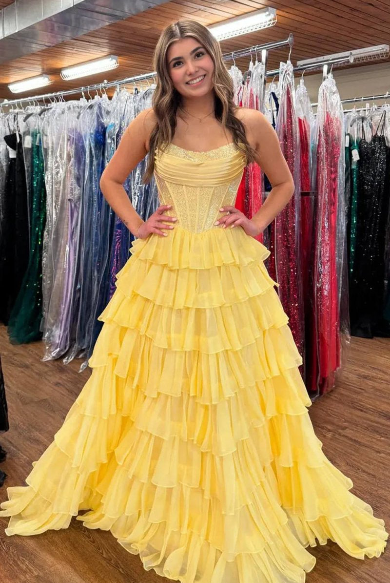 KissProm-Hanya Yellow A Line Strapless Chiffon Beaded Corset Long Prom Dress With Slit
