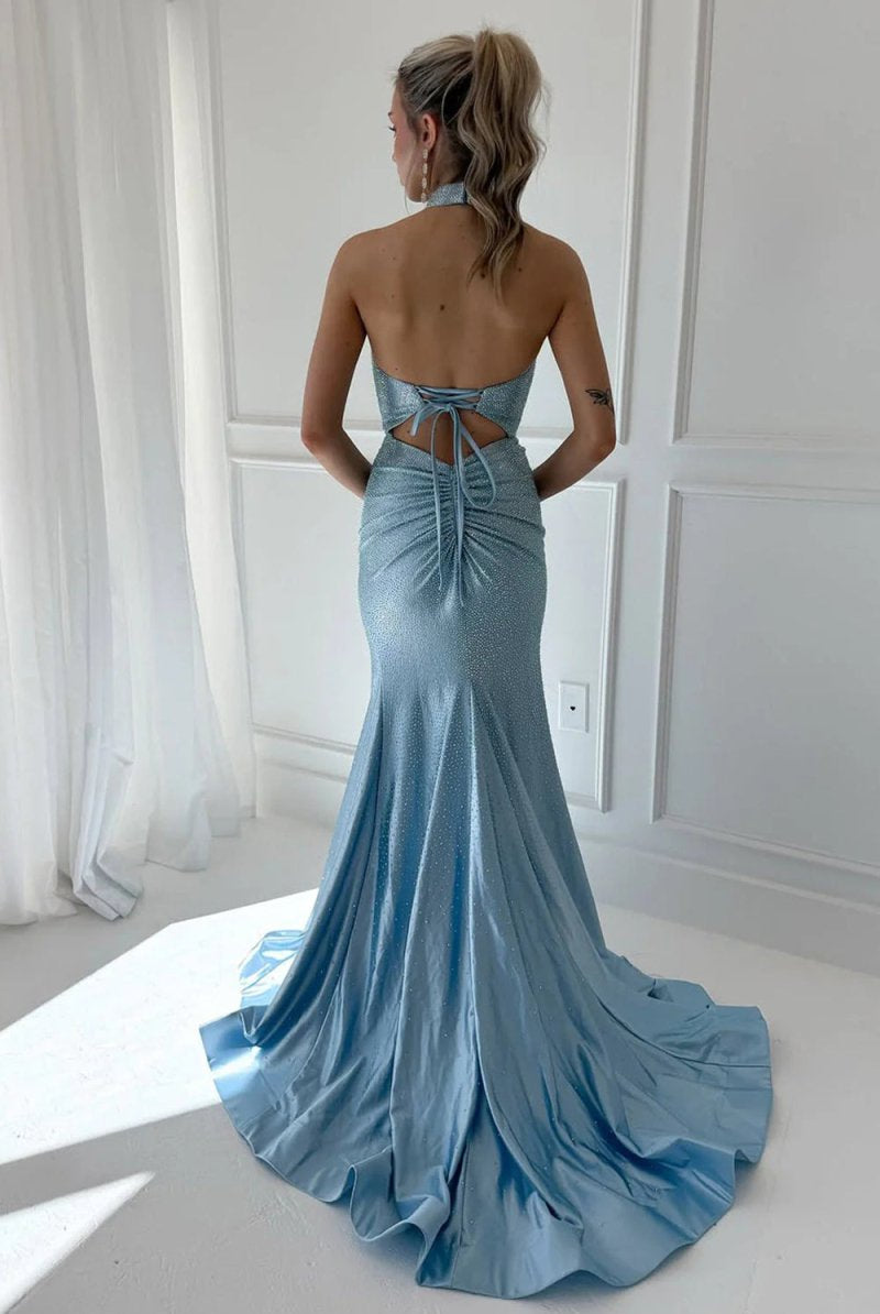 Harlin | Sky Blue - Halter Mermaid Satin Beaded Long Formal Prom Dresses With Slit - KissProm