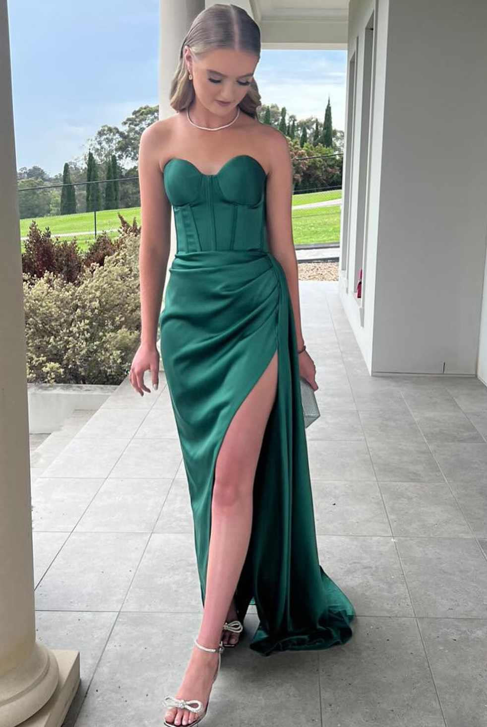 Harriet | Mermaid Strapless Sweetheart Pleated High Slit Satin Long Prom Dress - KissProm