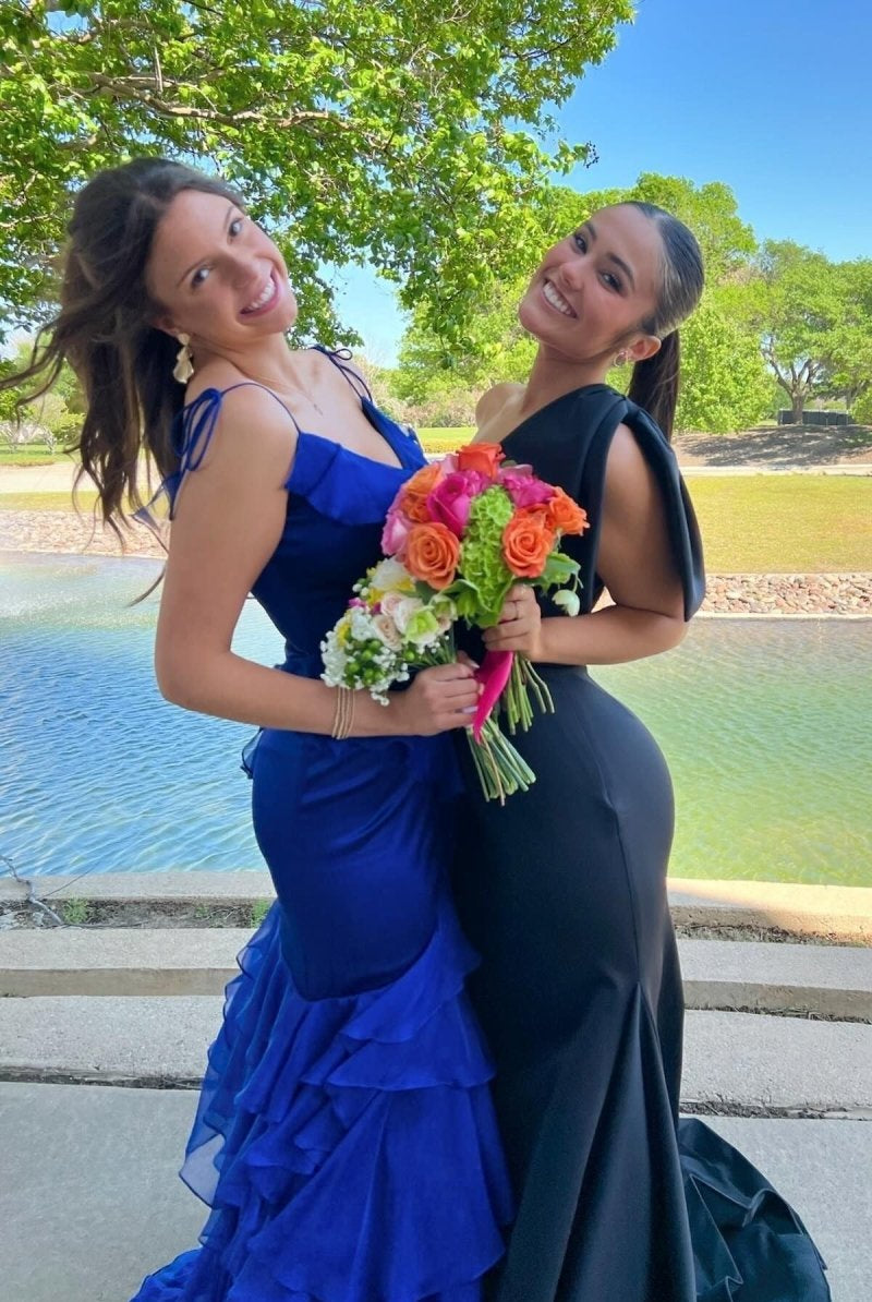 Hartlyn | Tie Shoulder Red Mermaid Ruffle Tiered Long Prom Dress with Slit