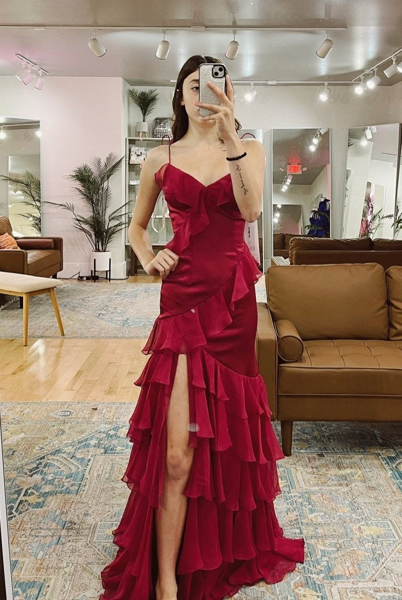 Hartlyn | Tie Shoulder Red Mermaid Ruffle Tiered Long Prom Dress with Slit