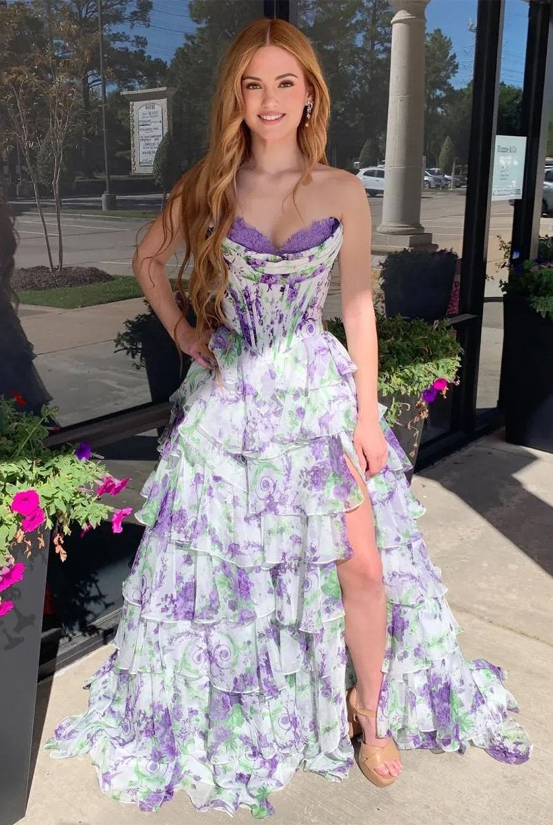 Haruko | A-Line Purple Strapless Chiffon Floral Ruffled Prom Dress With Slit - KissProm