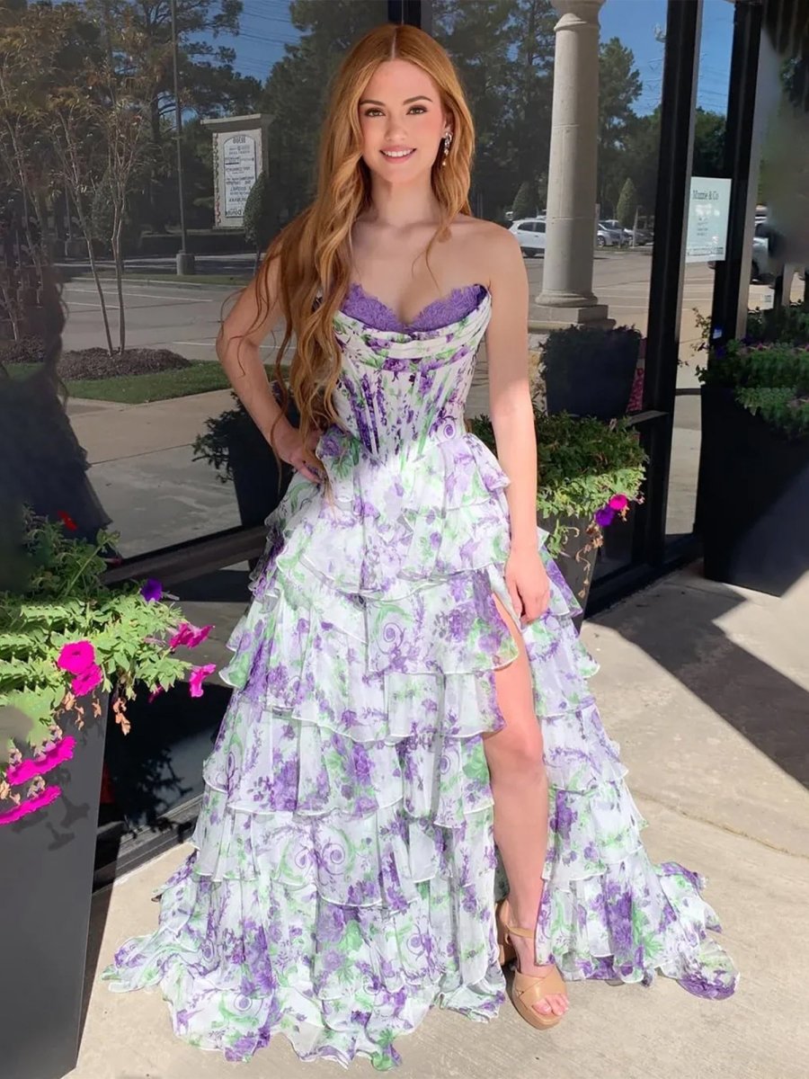 Haruko | A-Line Purple Strapless Chiffon Floral Ruffled Prom Dress With Slit - KissProm