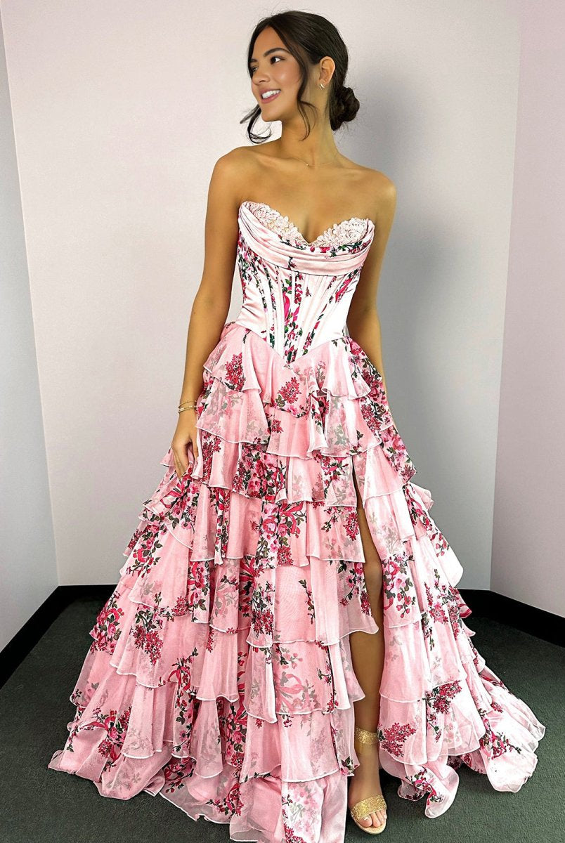Haruko | A-Line Pink Strapless Chiffon Floral Ruffled Prom Dress With Slit - KissProm